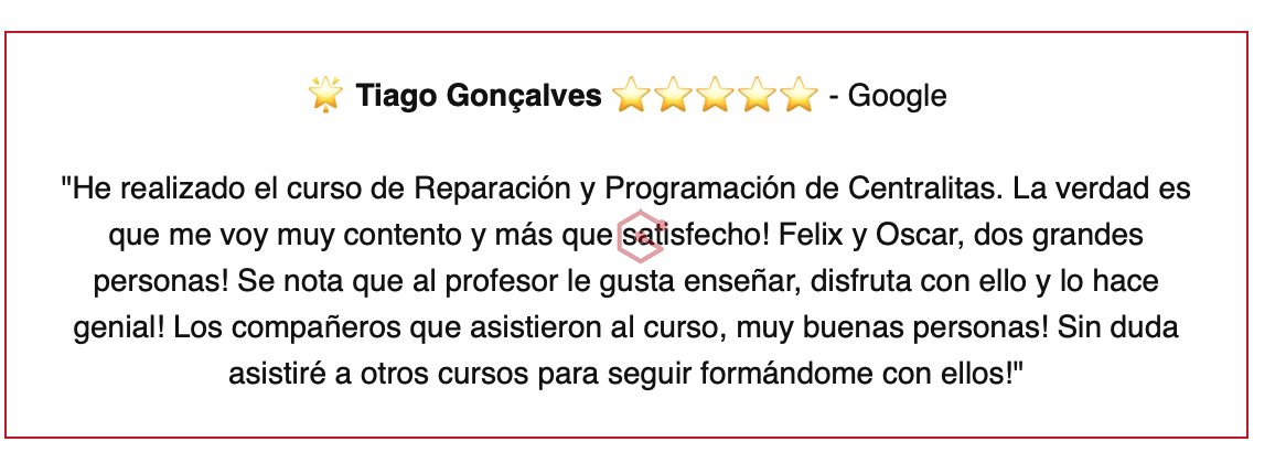 OPINIONES DE NUESTROS ALUMNOS EN GOOGLE CURSOS ELECTRÓNICA AUTOMOTRIZ PARA TALLERES MECÁNICOS BONIFICADOS FUNDAE SOLUCIONES GUEMACAR LABORATORIO AVANZADO ELECTRÓNICA AUTOMOVIL 30 AÑOS DE EXPERIENCIA