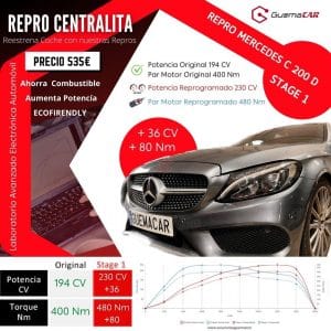 Repro Centralita Mercedes Clase C200d 194CV pasa a 210 +30 CV ✅ PAR Motor de 400 a 480 Nm +80 ✅ Repro Centralita Stage 1 Precio 575€ + IVA by Soluciones GuemaCAR Laboratorio Electrónica Automóvil