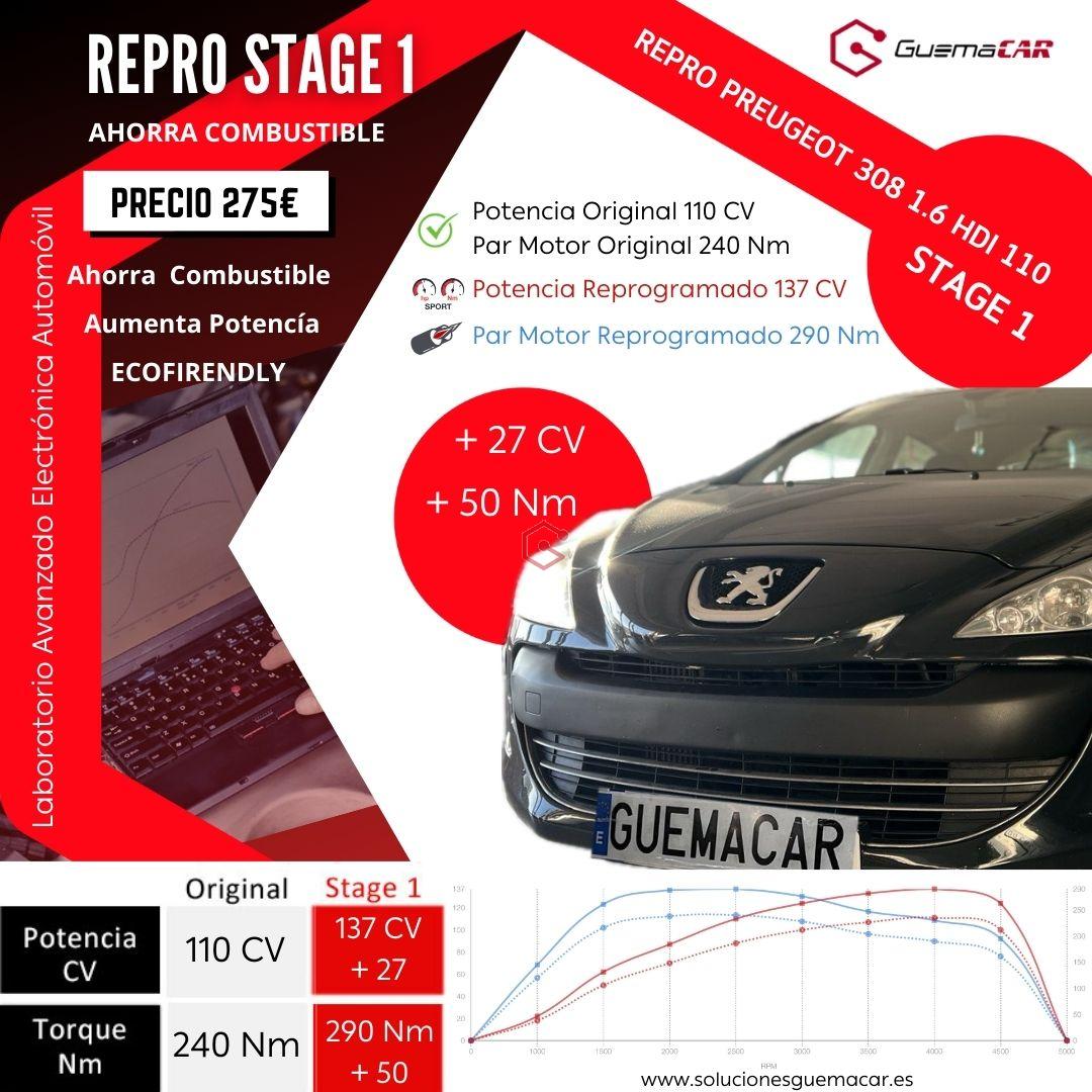 Reprogramación Centralita Stage1 Peugeot 308 110CV pasa a 137 +27CV ✅ PAR 240 a 290 Nm +50 ✅ Repro Centralita By GuemaCAR