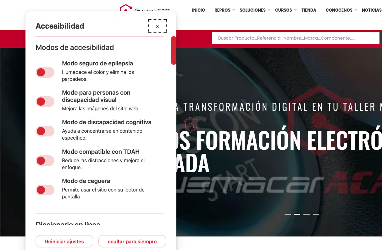 Mejoras de Accesibilidad en Soluciones GuemaCAR: Comprometidos con Todos Nuestros Clientes En Soluciones GuemaCAR, Laboratorio de Electrónica Automotriz, nos enorgullece anunciar que hemos implementado importantes mejoras de accesibilidad en nuestra página web para asegurarnos de que todos nuestros clientes, independientemente de sus capacidades, puedan navegar y utilizar nuestro sitio con facilidad y comodidad. Nuestro Compromiso con la Inclusividad Creemos firmemente que la tecnología y los servicios en línea deben estar disponibles y ser accesibles para todos. Por eso, hemos trabajado arduamente para optimizar la accesibilidad de nuestro sitio web, incorporando funciones que permiten a personas con diversas capacidades navegar y disfrutar de nuestros contenidos de manera efectiva. Funcionalidades Avanzadas para Mejorar la Experiencia del Usuario Hemos implementado una serie de características que permiten a los usuarios personalizar la forma en que interactúan con nuestro sitio web. Estas mejoras están diseñadas para asistir a personas con discapacidades visuales, motoras, cognitivas, y más, asegurando que cada visitante pueda acceder a la información que necesita sin barreras. A continuación, te explicamos algunas de estas funcionalidades: Ajustes de Tamaño y Fuente: Los usuarios pueden aumentar o disminuir el tamaño de la letra, cambiar la fuente y ajustar el espaciado y alineación del texto, mejorando la legibilidad según sus preferencias personales. Modos de Contraste y Color Personalizados: Ofrecemos perfiles de alto contraste, modos de color invertido y monocromo para ayudar a los usuarios con discapacidades visuales a navegar sin dificultad. Estos ajustes permiten personalizar los colores de los textos, fondos y títulos, mejorando la visibilidad. Navegación Optimizada por Teclado: Nuestra web es completamente navegable mediante el teclado, facilitando el acceso para personas con discapacidades motoras. Los usuarios pueden utilizar teclas como Tab, Shift+Tab, y Enter para moverse por los menús, activar botones y enlaces, y rellenar formularios con facilidad. Soporte para Lectores de Pantalla: Hemos optimizado nuestro sitio para ser compatible con lectores de pantalla populares como JAWS y NVDA. Al ingresar, los usuarios reciben una notificación para activar el modo de lector de pantalla, proporcionando descripciones precisas para imágenes, formularios y otros elementos interactivos del sitio. Perfiles Especializados para Diversas Necesidades: Nuestro sitio ofrece perfiles de accesibilidad especializados, como Modo Seguro para Epilepsia, que elimina animaciones parpadeantes y colores riesgosos; Modo para Discapacidad Visual, que ajusta la página para usuarios con afecciones como cataratas y glaucoma; y Modo para Discapacidad Cognitiva, que simplifica la navegación y ayuda a enfocar los elementos esenciales del sitio. Accesos Rápidos y Menús de Navegación Rápida: Los usuarios pueden acceder rápidamente a menús, encabezados, formularios y otros elementos específicos mediante atajos de teclado. Por ejemplo, para acceder al menú de accesibilidad, los usuarios de Windows pueden presionar Alt+9, mientras que los usuarios de Mac pueden usar Option+9. Control sobre Animaciones y Audio: Para garantizar una experiencia de navegación segura y cómoda, especialmente para personas con epilepsia o que usan dispositivos auditivos, nuestro sitio permite desactivar animaciones con un solo clic y silenciar todo el audio automáticamente. En Soluciones GuemaCAR, Nos Importan Nuestros Clientes En Soluciones GuemaCAR, no solo nos dedicamos a la electrónica automotriz; también nos comprometemos a cuidar de nuestros clientes y a proporcionar una experiencia inclusiva para todos. Estas mejoras son un reflejo de nuestra dedicación a la excelencia y a la accesibilidad universal. Queremos que todos los visitantes se sientan bienvenidos y seguros en nuestro sitio web, y continuaremos trabajando para mejorar nuestras opciones de accesibilidad a medida que la tecnología evoluciona. Visita nuestra página web para experimentar estas mejoras y descubre cómo en Soluciones GuemaCAR seguimos marcando la diferencia en accesibilidad y servicio al cliente. Si tienes alguna sugerencia o necesitas asistencia adicional, no dudes en contactarnos. Estamos aquí para ayudarte en cada paso del camino. ¡Gracias por confiar en Soluciones GuemaCAR!