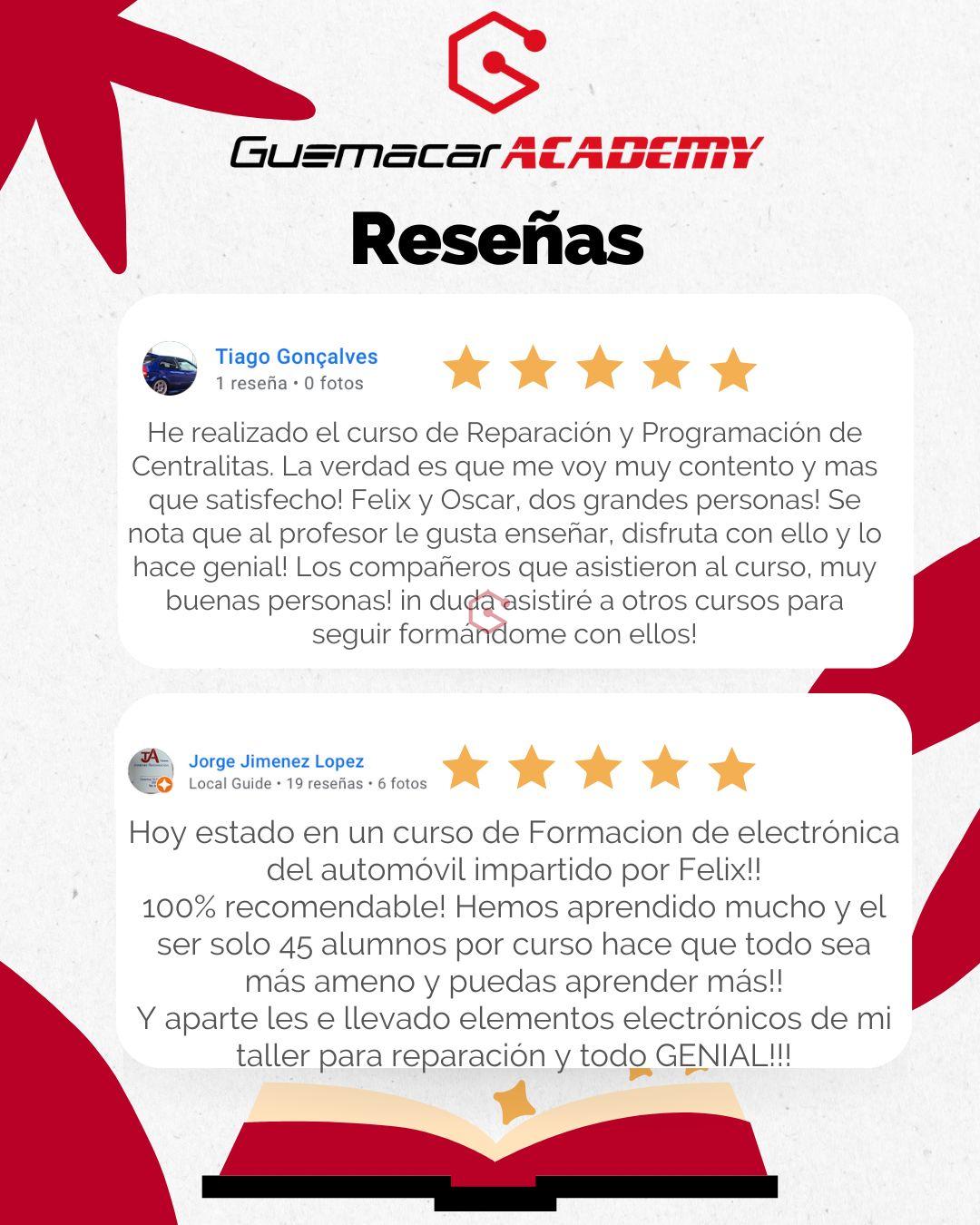 Opiniones Curso Reparación Centralitas ECU opiniones de Google de alumnos que han realizado el curso de ECU en GuemaCAR Academy