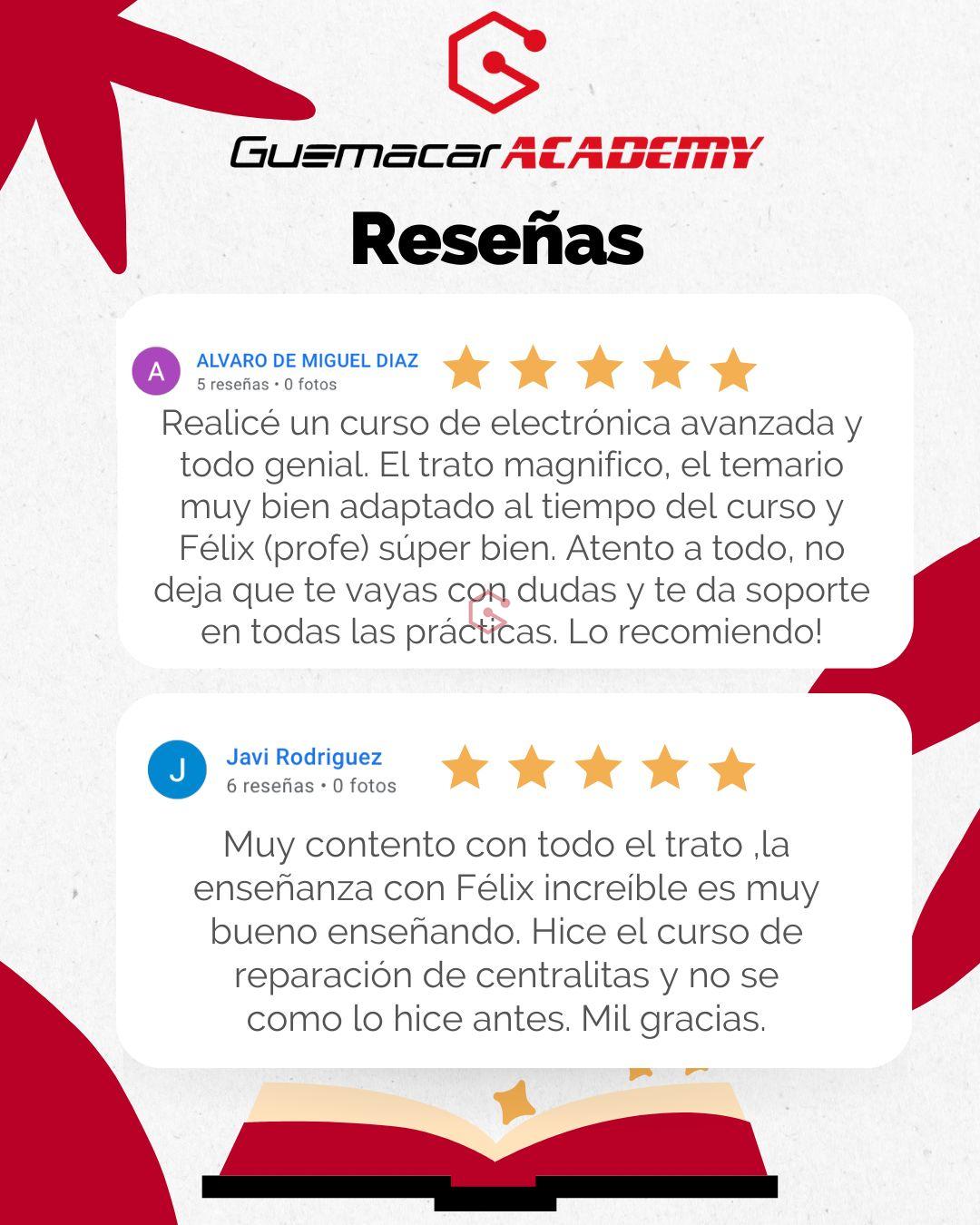 Opiniones Curso Reparación Centralitas ECU opiniones de Google de alumnos que han realizado el curso de ECU en GuemaCAR Academy