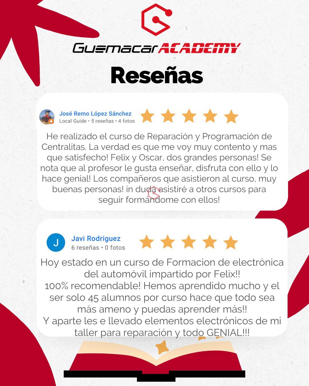 Opiniones Curso Reparación Centralitas ECU opiniones de Google de alumnos que han realizado el curso de AIRBAG en GuemaCAR Academy