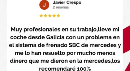 Opiniones Soluciones GuemaCAR Reparación SBC Mercedes Muy profesionales en su trabajo,lleve mi coche desde Galicia con un problema en el sistema de frenado SBC de mercedes y me lo han resuelto por mucho menos dinero que me dieron en la mercedes,los recomendaré 100%