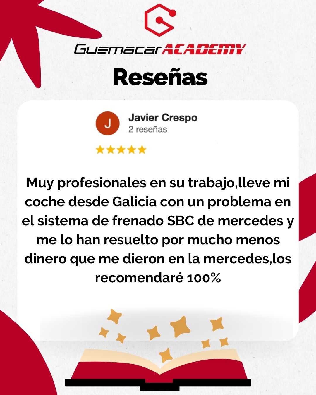 Opiniones Soluciones GuemaCAR Reparación SBC Mercedes Muy profesionales en su trabajo,lleve mi coche desde Galicia con un problema en el sistema de frenado SBC de mercedes y me lo han resuelto por mucho menos dinero que me dieron en la mercedes,los recomendaré 100%