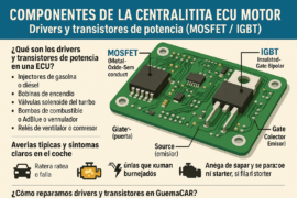 Descubre todo sobre MOSFET / IGBT de la ECU del motor: Drivers ECU: cómo funcionan MOSFET e IGBT, fallos, síntomas, causas eléctricas y reparación en laboratorio. Soluciones GuemaCAR, +31 años expertos en electrónica automotriz.