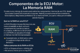 🧠 Componentes de la ECU Motor: La Memoria RAM En esta nueva entrega de nuestra serie sobre los componentes internos de una ECU, desde Soluciones GuemaCAR Laboratorio Electrónica Automotriz (Leganés, Madrid), te explicamos el funcionamiento, fallos típicos y diagnóstico profesional de la memoria RAM, una parte crítica pero invisible para la mayoría. Aunque no almacena datos de forma permanente, sin la RAM el microprocesador de la ECU no puede funcionar, y su fallo puede causar desde bloqueos intermitentes hasta pérdida total de comunicación por CAN. 🔍 ¿Qué es la RAM en una ECU? La RAM (Random Access Memory) es una memoria volátil, es decir, se borra completamente cuando quitamos el contacto. A diferencia de la FLASH (donde vive el firmware) o la EEPROM (que almacena valores adaptativos), la RAM se usa para el trabajo en tiempo real del microprocesador. 👉 Esencialmente, la RAM actúa como el cuaderno temporal de cálculo de la ECU. 🔄 ¿Cómo funciona la RAM dentro de una ECU? La ECU trabaja en ciclos de milisegundos. En cada uno de ellos, la RAM se usa para: Leer sensores: Los valores entran y se guardan en registros temporales de RAM. Filtrar y escalar: Se aplican funciones y se guardan los resultados parciales. Cálculos críticos: Tiempo de inyección, avance de encendido, presión turbo, etc. Salida a actuadores: Los valores calculados van a buffers en RAM que controlan salidas PWM. Supervisión de errores: Flags, temporizadores internos, contadores… todo vive en RAM. Variables locales: Cada subrutina usa espacio en el stack de RAM. Registro de eventos: Knock, misfire, pérdidas de red, etc., primero se marcan en RAM. 🗂️ Ejemplo de estructura de RAM Región Uso principal Se conserva tras apagado Stack Retornos de funciones, variables locales ❌ No Buffers de red Frames CAN/LIN entrantes y salientes ❌ No Variables globales Estados del motor, flags temporales ❌ (algunos se copian) Keep Alive RAM (KAM) Adaptativos rápidos ✅ (mientras haya batería) 🧩 Tipos de RAM en ECUs SRAM (Static RAM): la más usada por su velocidad y estabilidad. RAM externa: encapsulados TSOP o BGA cuando se requiere mayor capacidad. RAM interna del micro: para tareas críticas de bajo nivel. RAM compartida: en micros multicore o con coprocesadores. Keep Alive RAM (KAM): zona protegida con alimentación permanente para adaptativos. 🛜 Papel de la RAM en comunicación del vehículo En buses como CAN, LIN o K-Line, la RAM es vital para recibir, interpretar y transmitir datos. Comunicación típica por CAN: El controlador CAN recibe un mensaje y lo pasa a un buffer en RAM. La MCU lo lee, lo interpreta y actualiza el estado del sistema. Si necesita responder, construye el frame en RAM de transmisión. El controlador lo envía al bus físico. 👉 Fallos en la RAM pueden generar: Cuelgues intermitentes del bus CAN Frames corruptos Desincronización con otros módulos Timers de sesión de diagnosis rotos ¿Y en LIN o K-Line? LIN: la RAM almacena la tabla de slots y los últimos estados de nodos esclavos. K-Line: guarda los comandos recibidos antes de analizarlos (ej. sesiones de diagnosis, flashing). ⚠️ Fallos comunes de la RAM en ECUs ECU se bloquea al azar o reinicia sola No arranca motor pero no hay DTC Fallo de comunicación con diagnóstico o CAN BUS Comportamientos erráticos (ralentí inestable, fallos falsos) Códigos que aparecen y desaparecen sin sentido 🔧 En muchos casos NO se genera ningún código de error permanente, lo que complica el diagnóstico para talleres sin equipamiento especializado. 🧪 Cómo diagnosticamos fallos de RAM en GuemaCAR En nuestro laboratorio aplicamos diversas técnicas: Pruebas térmicas: RAM defectuosa reacciona a calor o frío (spray refrigerante o estación de aire caliente). Inyección de tráfico CAN: para comprobar si la ECU se satura. Osciloscopio en señales de reloj (si RAM externa): buscamos interferencias o glitches. Reballing de BGA: cuando la RAM está dentro del microcontrolador y hay sospecha de soldaduras frías. Comprobación de continuidad de pistas y líneas de datos. 🔧 ¿Se puede reparar? Sí. En Soluciones GuemaCAR: Sustituimos chips de RAM externa (TSOP, QFP, BGA). Reballing de microcontroladores con RAM interna. Reparación de pistas hacia RAM externa. Sustitución por RAM equivalente (cuando es viable). ✅ Siempre con pruebas de banco para garantizar la estabilidad después de la reparación. 📍 Casos reales en Soluciones GuemaCAR Uno de los más representativos: una ECU Magneti Marelli IAW que no mantenía ralentí y se reiniciaba al cambiar de marcha. Sin códigos. Tras reballing del micro y comprobación de integridad de RAM interna, la ECU volvió a operar con normalidad. Cliente satisfecho, sin cambiar la ECU. ✅ Conclusión La RAM no guarda los mapas del motor ni los valores adaptativos, pero es el “espacio de trabajo” donde se decide todo en tiempo real. Una RAM defectuosa puede simular fallos de sensores, provocar errores aleatorios o directamente bloquear la comunicación del vehículo, sin dejar rastro. Por eso, en Soluciones GuemaCAR, contamos con medios electrónicos y humanos para detectar y reparar estos fallos invisibles.