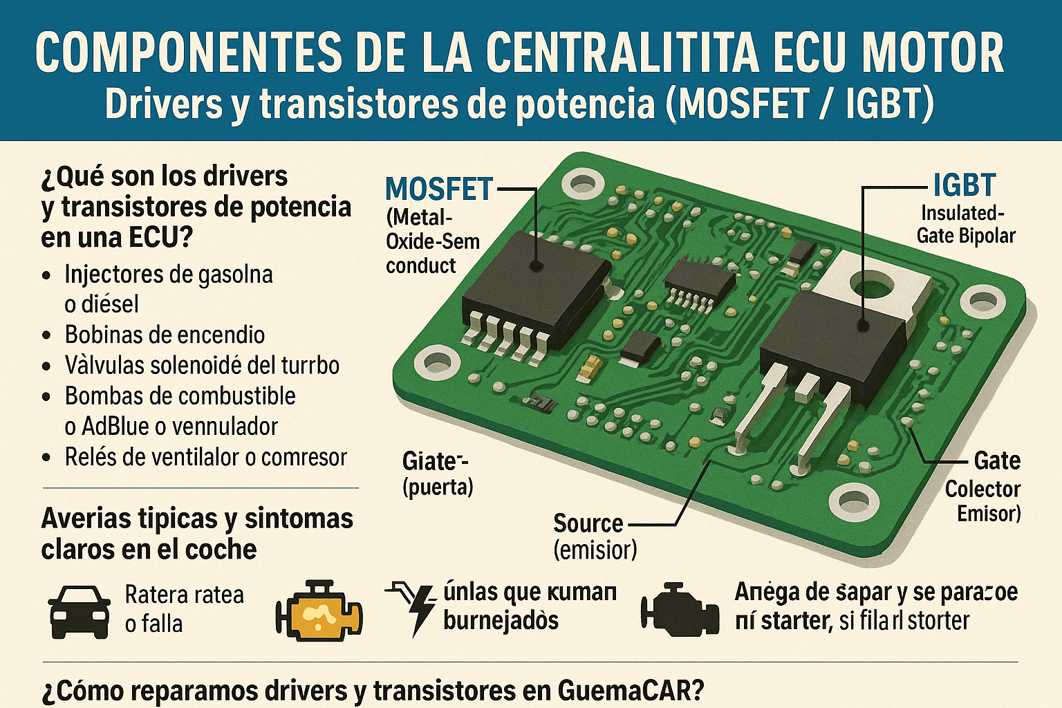 Descubre todo sobre MOSFET / IGBT de la ECU del motor: Drivers ECU: cómo funcionan MOSFET e IGBT, fallos, síntomas, causas eléctricas y reparación en laboratorio. Soluciones GuemaCAR, +31 años expertos en electrónica automotriz.