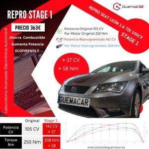 Repro Centralita Stage 1 SEAT León 1.6 TDI 105 CV 🚗💻 ✅ Tipo de Reprogramación Centralita: STAGE 1 🌿✨ 🚀 Objetivo Repro Centralita: POTENCIA + AHORRO COMBUSTIBLE ➕ Potencia: de 105 CV a 142 CV (+37 CV) ➕ Par Motor: de 250 Nm a 308 Nm (+58 Nm) 🚗💥 Vehículo: #Repro #Stage1 SEAT León 1.6 TDI 105 CV Incrementamos la potencia de 105 CV a 142 CV 🚀 y el Par Motor de 250 Nm a 308 Nm 🌀 🔥 Con esta reprogramación Stage 1 tu SEAT León tendrá: Aceleración más rápida ⚡ Respuesta más precisa al acelerador Menor consumo gracias a la optimización del motor 🌿 Todo ello sin comprometer la fiabilidad del motor ni del turbo, manteniendo siempre los estándares de seguridad para alargar su vida útil 🛡️ 📞 Pide tu cita en Soluciones GuemaCAR Llámanos al 91 693 27 77 y vuelve a estrenar coche por 363€ IVA incluido. 💰 Precios de Reprogramaciones en Soluciones GuemaCAR: Vehículos hasta 2010 → Stage1, Stage2 o ECO: 250€ IVA Incluido Vehículos 2010-2018 → Stage1, Stage2 o ECO: 363€ IVA Incluido Vehículos 2018-Actualidad → Stage1, Stage2 o ECO: 423,50€ IVA Incluido