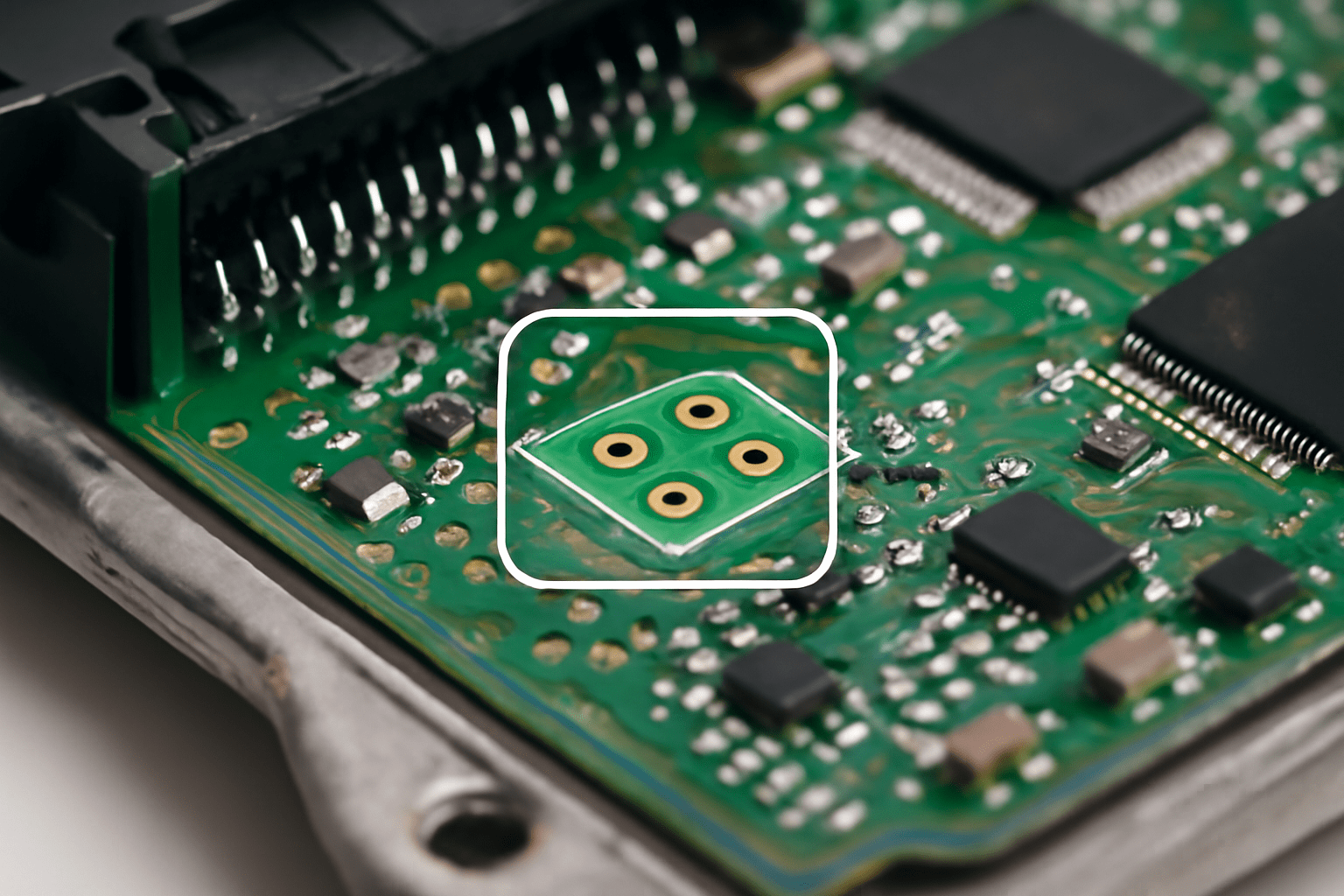 🛠️ Jumpers o pads de configuración, también conocidos como boot pads o factory reset pads. Se trata de diminutas conexiones en la placa que permiten poner la ECU en modos especiales de programación, diagnóstico profundo o recuperación tras un fallo grave. Soluciones GuemaCAR LAbortotior Electrónica Automotriz