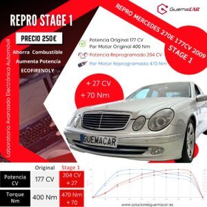 Reprogramación Centralita Stage1 Mercedes E270 177CV CDI pasa a 204 +27CV ✅ PAR 400 a 470 Nm +70 ✅ Repros Centralitas + Potencia - Consumo