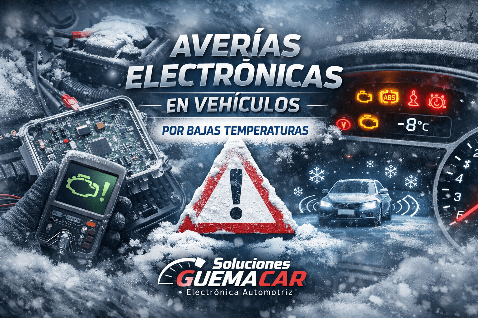 Averías electrónicas en vehículos causadas por las bajas temperaturas Cómo el frío afecta a la electrónica del coche y qué hacer para evitarlo Cuando llegan las bajas temperaturas, muchos conductores piensan únicamente en la batería o en la dificultad para arrancar el motor. Sin embargo, el frío también tiene un impacto directo y silencioso sobre la electrónica del vehículo, provocando averías que pueden aparecer de forma repentina y, en muchos casos, intermitente. En Soluciones GuemaCAR, como especialistas en electrónica automotriz y diagnosis avanzada, vemos cada invierno un aumento claro de incidencias relacionadas con sensores, centralitas y sistemas electrónicos afectados por el frío. En este artículo te explicamos qué averías electrónicas son más comunes con bajas temperaturas, por qué se producen y cómo prevenirlas. ¿Por qué el frío afecta a la electrónica del coche? Las bajas temperaturas provocan: Contracción de materiales (plásticos, soldaduras y conectores) Pérdida de conductividad eléctrica Aumento de resistencia en circuitos Condensación de humedad en módulos y conectores Disminución del rendimiento de la batería Todo esto afecta directamente al correcto funcionamiento de los sistemas electrónicos modernos, cada vez más complejos y sensibles.