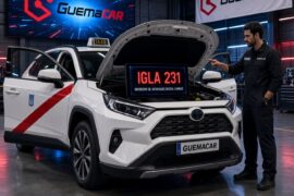 Toyota RAV4 taxi blanco en taller de Madrid preparado para instalación de inmovilizador digital IGLA 231 CANBUS