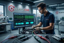 écnico especializado realizando diagnosis electrónica avanzada con osciloscopio en el laboratorio de GuemaCAR en Madrid.