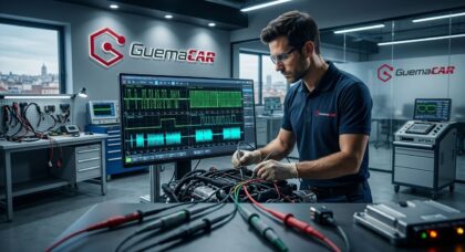 écnico especializado realizando diagnosis electrónica avanzada con osciloscopio en el laboratorio de GuemaCAR en Madrid.